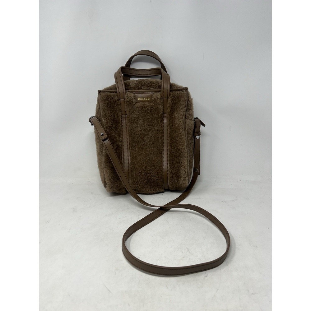 Balenciaga Bazar 2way Shopper Tote Shoulder Bag XS Brown Shearling Fur Auth